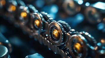 Close-up of a complex mechanical chain with interlocking metal links and golden accents, highlighting engineering precision and industrial design. photo