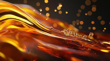 Abstract close-up shot of flowing liquid with bubbles, showcasing fluidity and vibrant amber color. Background has blurred circles. photo