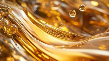 Abstract golden liquid. Wavy texture of flowing fluid with bubbles and shimmering reflections, captures the essence of luxury. photo