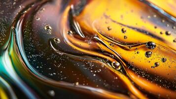 Abstract beauty, mesmerizing flow, shimmering and smooth golden texture with bubbles. A captivating macro view, colorful, and elegant. photo