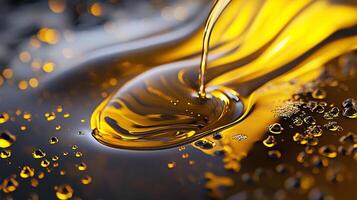 Golden liquid being poured, creating mesmerizing patterns on the surface, with droplet reflections adding to the composition's appeal. photo