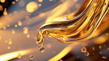 Golden liquid in motion, with glowing bubbles creating depth, shimmering with rich hues. Macro shot, captivating texture and shine. photo