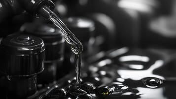 Close-up of clear liquid pouring from a nozzle onto a shiny, dark surface, creating a textured and reflective abstract composition. photo