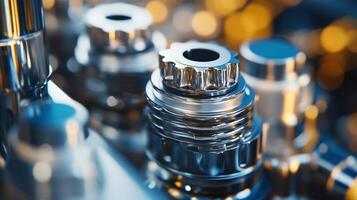 Close-up shot of interconnected metal gears and components, capturing industrial precision and mechanical engineering. photo
