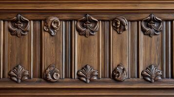 Ornate wood paneling with relief carving. Architectural craftsmanship evident. Detailed patterns in dark stained finish create warm and inviting aesthetic. photo