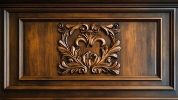 Close-up of meticulously carved wooden panel, displaying intricate detailing and rich, warm tones of the wood grain. Elegance in craftsmanship. photo