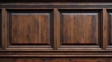 Detailed view of a dark brown wooden wall paneling with symmetrical square patterns and classic molding, creating a rich, textured surface. photo
