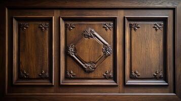 Detailed close-up of an ornate, dark wooden panel with carved decorations, showcasing craftsmanship and traditional design. Aesthetic carpentry. photo