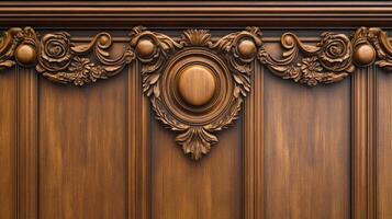 Intricate woodwork with floral and circular carvings atop paneled wood, highlighting craftsmanship and design detail. photo