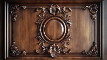 Ornate wood panel featuring a circular medallion surrounded by intricate carved floral details in a rich, brown, classical design aesthetic. photo