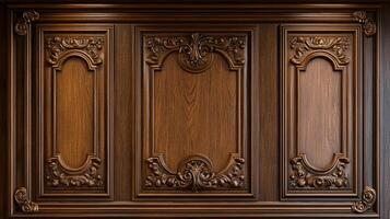 Elaborate woodwork of a wall panel with intricate carvings creating an ornate design. It could be a door or furniture element. photo