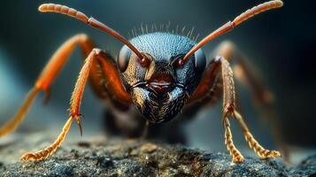 Detailed macro photo of an ant shows its complex features and textures. The focus highlights its multifaceted eyes, antennae, and legs.