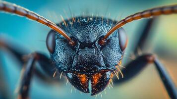 Detailed macro image of a black ant, showcasing its intricate facial features and antennae against a blurred colorful backdrop. photo