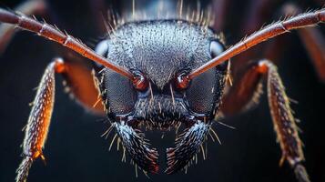 A detailed macro photograph captures the intense stare of an insect, revealing the intricate details of its face and antennae. photo