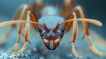 Detailed close-up of an ant. This macro photograph showcases the ant's fascinating features, highlighting its structure and texture. photo