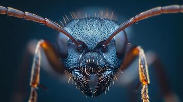 A macro shot of a black ant head with orange appendages, showcasing intricate details of its features against a dark background. photo