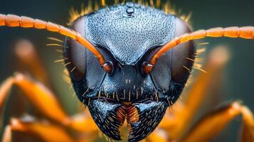 Detailed macro image of an ant's face showcases intricate features like antennae, compound eyes, and mandibles, revealing nature's complexity. photo