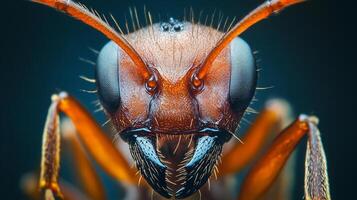 Detailed close-up of an ant's face, showcasing its intricate features and textures against a dark background. Macro insect photography. photo