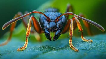 Detailed macro shot of an ant's face showcasing its intricate features, powerful mandibles, and complex sensory organs on a blurred green leaf background photo