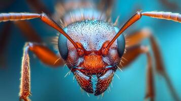 Macro photo reveals intricate details of an ant's face, showcasing complex features and sensory organs with striking clarity.
