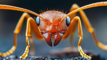 Intense macro shot of an ant's face with orange exoskeleton and striking blue eyes in a very detailed, up close and personal view. photo