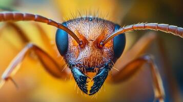 Detailed close-up of an ant's head, showcasing its intricate features, large eyes, and mandibles in vibrant, sharp focus. photo