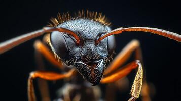 Extreme close-up of an ant's head, showcasing the intricate details of its exoskeleton and sensory organs against a black background. photo