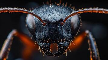 Extreme close-up of an ant, showcasing its intricate facial details and formidable mandibles against a blurred, dark background. photo