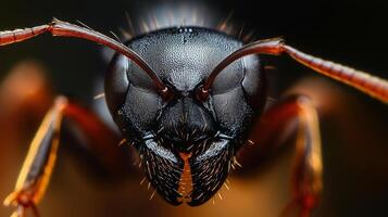 Extreme macro shot of an ant's face with intricate details of its compound eyes, antennae, and mandibles in sharp focus, viewed head-on. photo