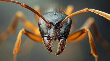 A stunning macro photograph capturing the intricate details of an ant's face, showcasing its antennae, eyes, and mandibles with incredible clarity. photo