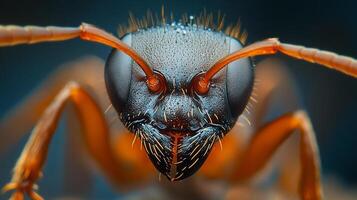 Extreme macro photo of an ant's face shows amazing detail of its features. The complex design of this tiny creature is revealed.