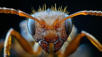 Macro photography shows the intricate detail of an ant's face, highlighting its compound eyes, antennae, and mandibles with sharp focus. photo