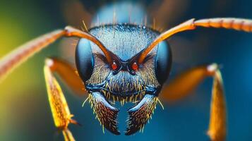Macro shot of an ant's face with bright orange legs and red eyes. The insect's mandibles and detailed facial features are highly visible. photo