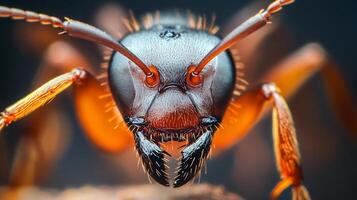 Macro view of an ant's face showcasing its intricate details. The ant's mandibles and compound eyes are prominently displayed. photo
