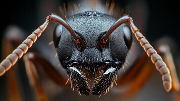 Macro image showcases the intricate details of an ant's face, highlighting its compound eyes, antennae, and textured exoskeleton. photo