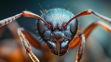 A striking macro image showcasing the intricate details of an ant's head, highlighting its compound eyes, antennae, and mandibles. photo