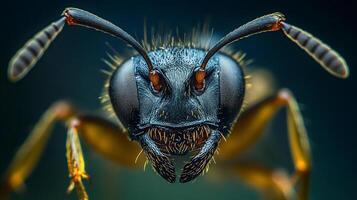 An ant stares intensely, head-on. Sharp mandibles frame a detailed face with segmented antennae against a blurred backdrop. photo