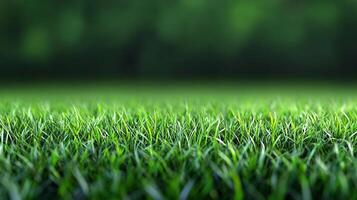 Lush green grass field evokes freshness and tranquility. Low angle perspective emphasizes texture and depth. Background of out-of-focus trees. photo