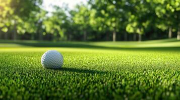 Golf ball on verdant green, illuminated by sunlight filtering through trees, evoking a sense of tranquility and precision in a natural setting. photo