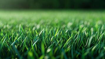 Lush green grass field extending to the blurred trees in the distance, evoking nature and tranquility. photo