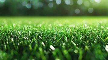 Lush green grass in soft focus, creating a serene and inviting outdoor scene, perfect for summer relaxation and enjoying nature's beauty. photo