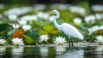 Elegant white egret standing gracefully amidst blooming water lilies, creating a serene and picturesque wetland scene in soft natural light. photo