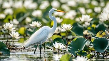 Elegant white egret amidst a tranquil lily pond, a serene snapshot of nature's beauty and grace in aquatic environment. photo