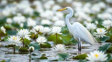Elegant egret wading through a field of water lilies, its white plumage contrasting with the vibrant green foliage and white flowers. photo