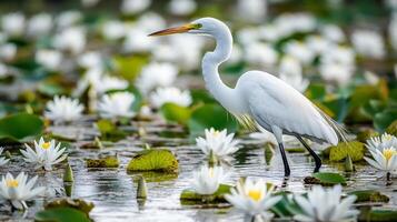 Elegant heron wading gracefully amidst a tranquil pond, surrounded by delicate white water lilies in full bloom on a serene day. photo