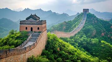 Scenic view of a section of the Great Wall snaking across a lush green hillside with a watchtower overlooking the landscape. photo