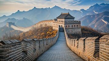 Winding stone barrier stretches across mountains, ancient architectural feat, built to protect. Stone and majesty merge in this iconic view. photo