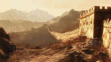 An impressive defensive wall structure stretches across a rugged landscape, creating a striking visual contrast against the distant mountain range. photo