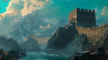 Ancient stone fortification winds across a rugged, mountainous landscape shrouded in mist, hinting at a rich historical past. photo