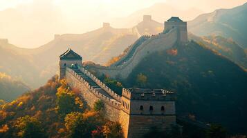 Scenic view of ancient architecture winding through lush mountains under a golden light during fall, capturing historical legacy. photo
